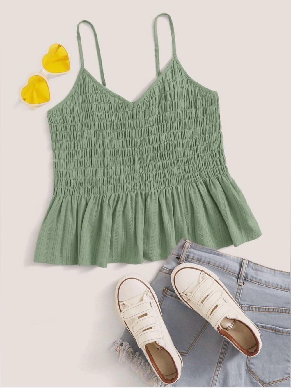 Mint Green Seersucker Shirred Peplum Cami Top Small